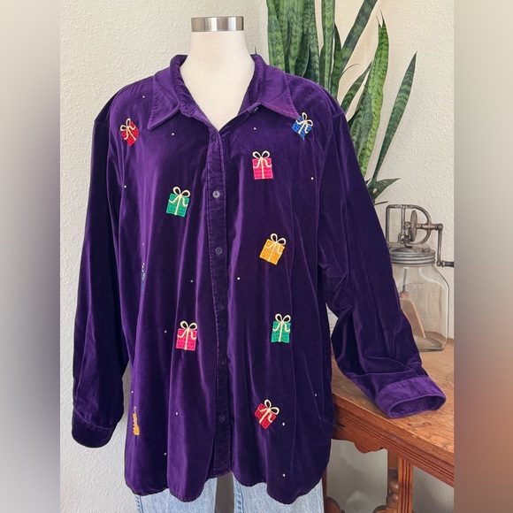 Vintage Tops - Vintage Velvet Holiday Blouse Jacket Christmas‎ Gift Top beaded 3X
